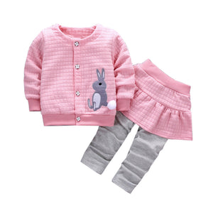 2017 Autumn baby girls infants cotton Rabbit print jacket coats + skirts pants 2pcs Kids clothes sets sports suits 3 colors