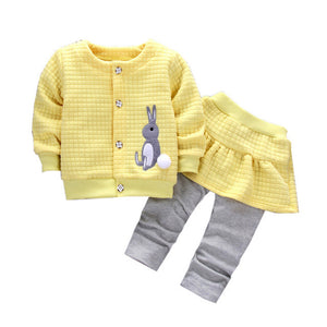 2017 Autumn baby girls infants cotton Rabbit print jacket coats + skirts pants 2pcs Kids clothes sets sports suits 3 colors