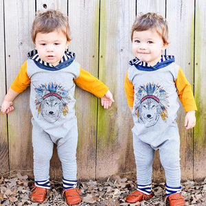 2017 Fashion Spring Autumn Newborn Baby Boys Girls Indian Wolf Hoodie Romper Jumpsuit Outfits Clothes kids children clothing