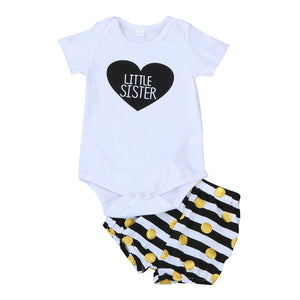 Kids Baby Girls Little Sister Cotton LOVE Romper + Short Pants Polka Dot Striped 2PCS Outfits Set