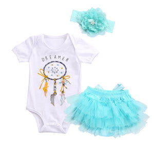 Summer 2017 Baby Girls Dreamcatcher Romper +Lace Tutu Skirt Party Tulle +Headband 3psc/Set Sunsuit Outfits