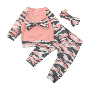 3PCS Newborn Baby Girls Boys Bow tie Long Sleeve Tops T Shirt +Long Pants +Headband suit Pink Camouflage Outfits Clothes Set