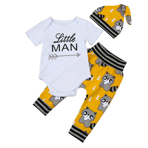 2017 Cartoon Baby Boys Outfits Tops Romper Bodyusit Pants Hat 3PCS Autumn Clothes Set