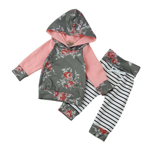 2017 New Toddler Infant Baby Boy Girl Autumn Fashion Clothes Long Sleeve Floral Stripe Hoodie Tops+Pants Outfit Clothes Set