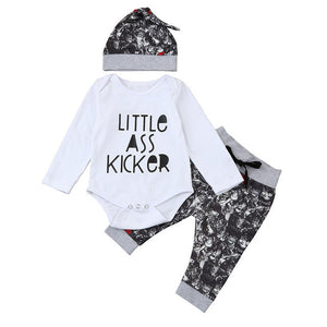 Letters Little Ass Kicker Baby Clothes Sets Long Sleeve Top Romper Printed Pant with Hat 3PCS Baby Boys Girls Clothing Sets