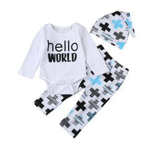 hello world Letter Baby Romper long sleeve set Newborn Outfits Kids Baby Girls Boys Clothes Tops Pants Hat 3pcs Set drop ship