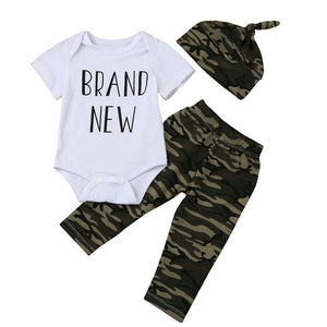 Camouflage Newborn Baby Boys Clothes 2017 Autumn Brand New Short Sleeve Romper Tops+Long Pant+Hat 3PCS Outfit Clothing Set