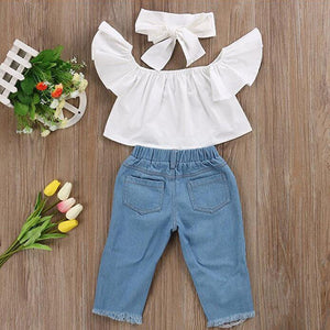 Baby Off shoulder Crop Tops + Hole Denim Pant Jean Headband Toddler Kids Clothes